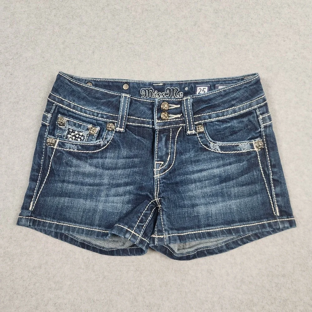 Miss Me Denim Jean Shorts Size 25 Blue Embellished Rhinestones Studded Flap - Picture 2 of 15